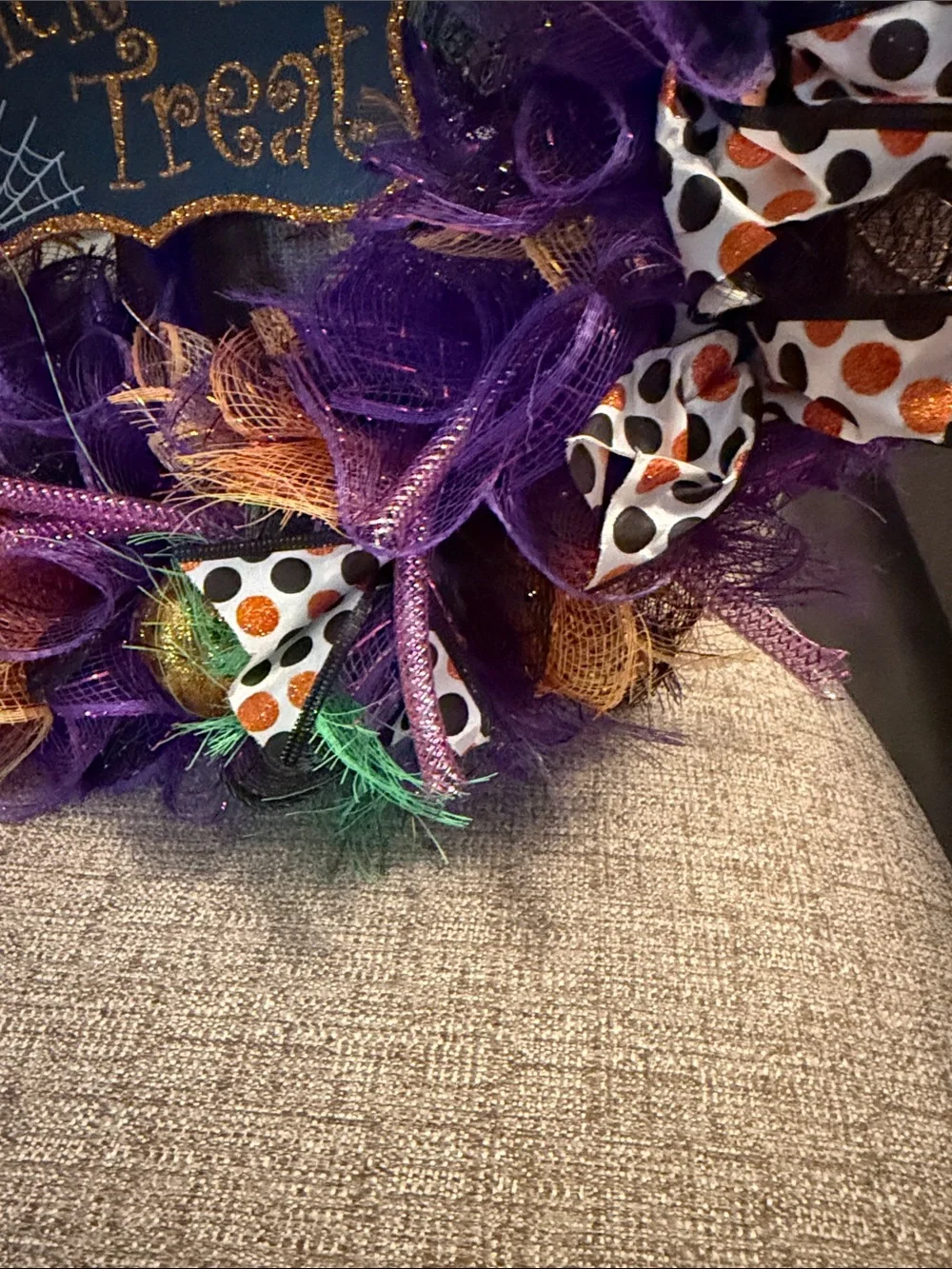 Halloween 'Trick or Treat' Decorative Wreath - Purple, Orange, Green, Black